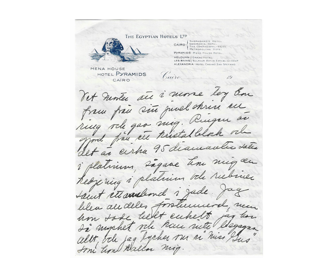 A page from a 1935 letter by Karin Gustafson to her aunt detailing the gift of the ring from Barbara Hutton.