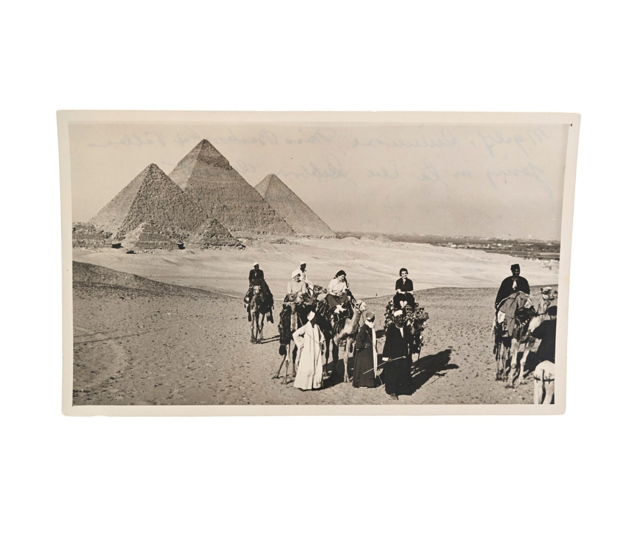 Barbara Hutton and Karin Gustafson with their guides at the Great Pyramids in Egypt, February 1935.